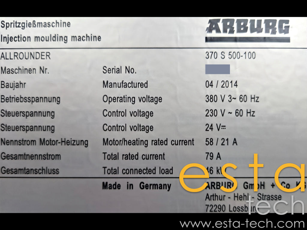 Arburg ALLROUNDER 370 S 500-100 (2014, 2012) Plastic Injection Moulding Machines for Sale