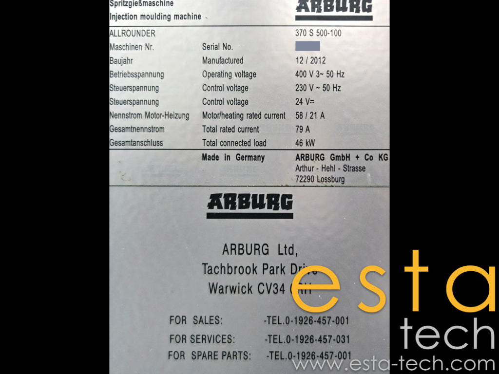 Arburg ALLROUNDER 370 S 500-100 (2014, 2012) Plastic Injection Moulding Machines for Sale