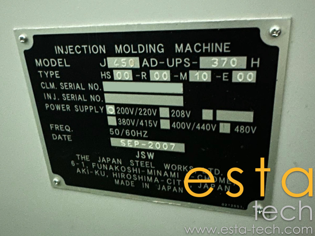 JSW J450 AD-UPS-370 Used Plastic Injection Moulding Machine for Sale (2007)