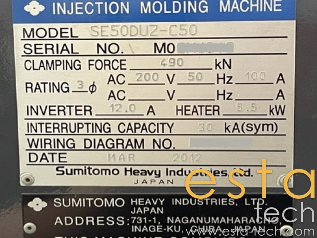 Sumitomo SE50DUZ-C50 (YR 2012) Used All Electric Plastic Injection Moulding Machines