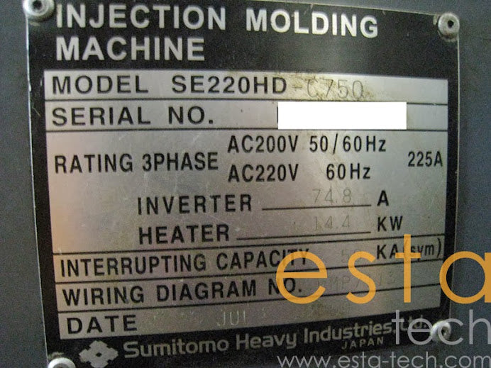 SUMITOMO SE220HD-C750 (YR 2009) Used All Electric Plastic Injection Moulding Machine