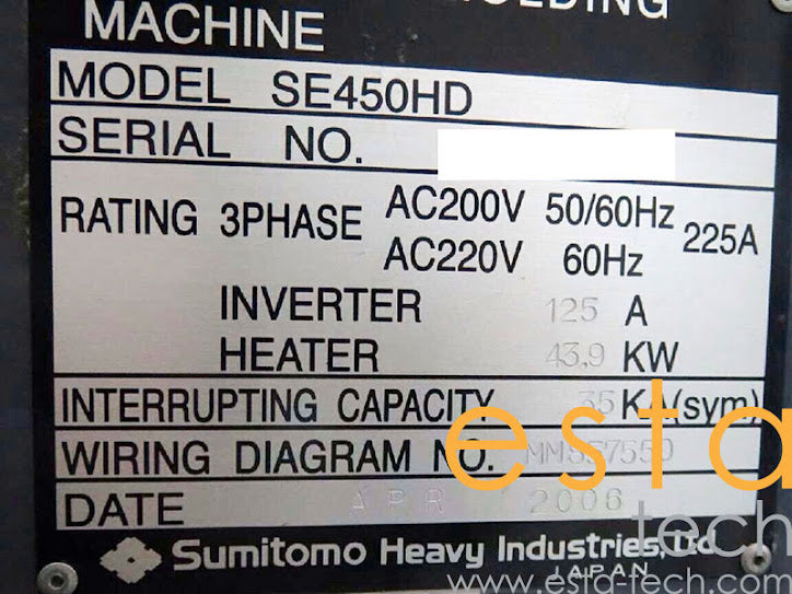 SUMITOMO SE450HD-C1700 (YR 2006) Used All Electric Plastic Injection Moulding Machine