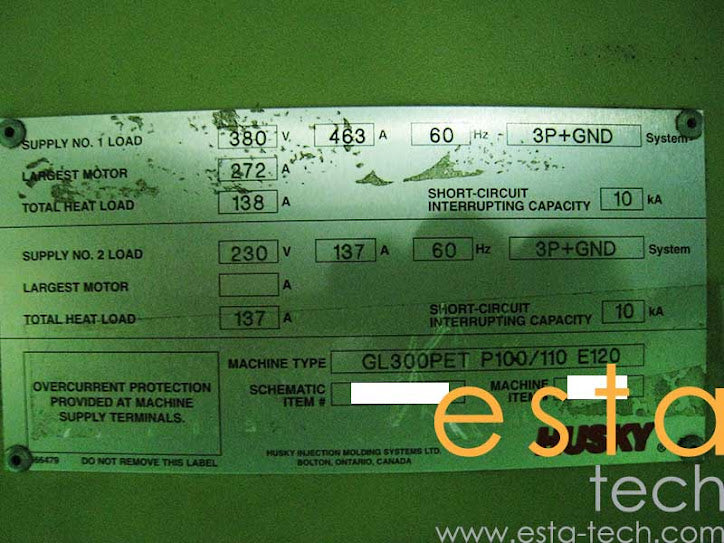 HUSKY GL300PET-P100-110 (YR 99-04) Used Preform Injection Moulding Machine