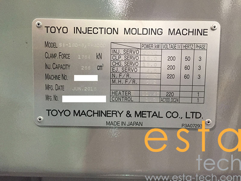 TOYO SI180-6 FH400D (YR 2016) Used All Electric Plastic Injection Moulding Machine
