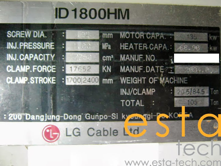 LG ID1800HM (YR 2004) Used Plastic Injection Moulding Machine