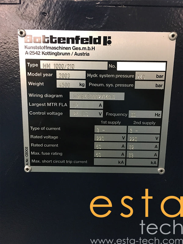 BATTENFELD HM-1000/210 (YR 2003) Used Plastic Injection Moulding Machine