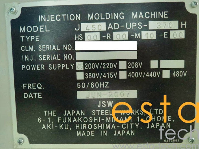 JSW J450AD-UPS 370H (YR 2007) Used Hybrid Type All Electric Plastic Injection Moulding Machine