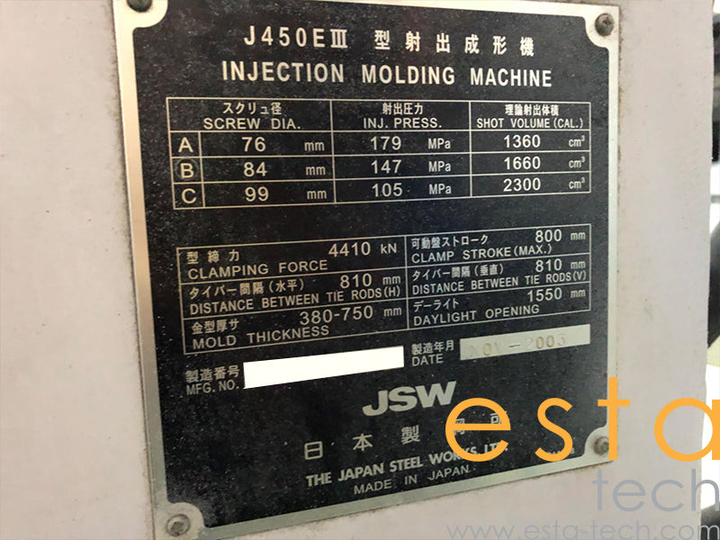 JSW J450EIII (YR 2003) Used Plastic Injection Moulding Machine