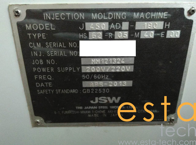 JSW J450AD-180H USM (YR 2013) Used Ultra High-Speed Plastic Injection Moulding Machine
