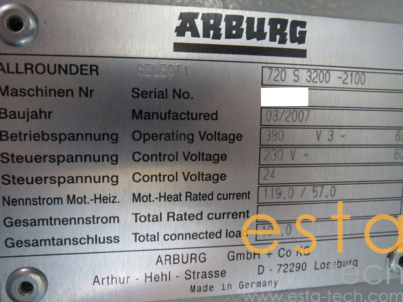 ARBURG 720S-3200-2100 (YR 2007) Used Plastic Injection Moulding Machine