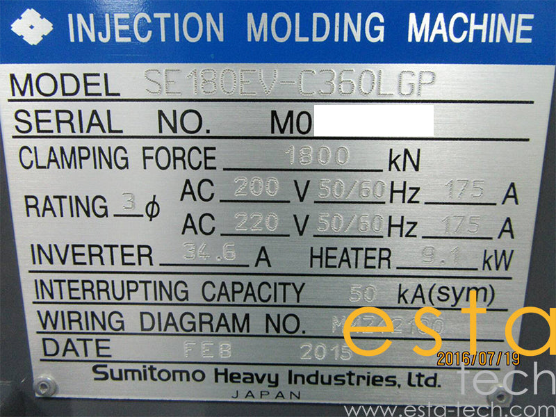 SUMITOMO SE180EV-C360LGP (YR 2015) Used All Electric Plastic Injection Moulding Machine