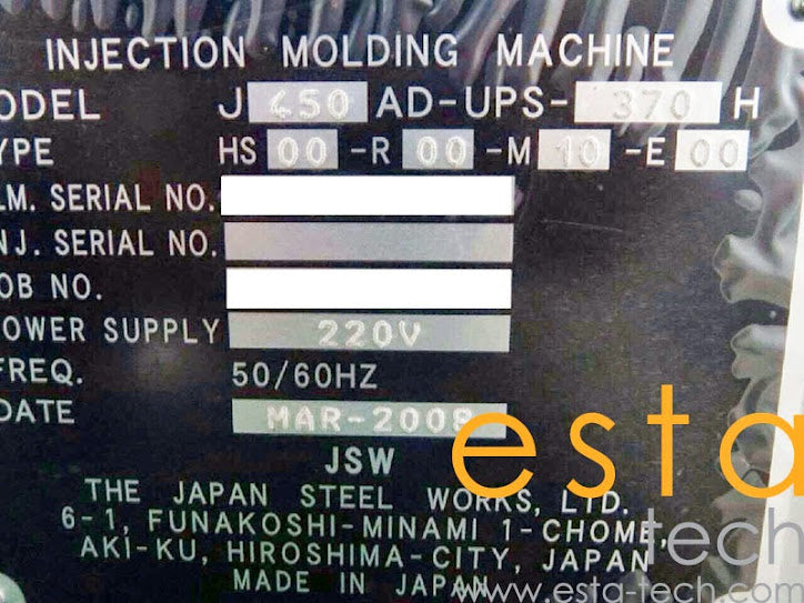 JSW J450AD-UPS 370H (YR 2008) Used Ultra High-Speed Hybrid Plastic Injection Moulding Machine
