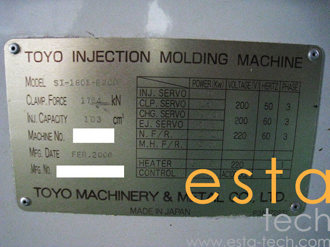 TOYO SI180III-E200 (YR 2006) Used Electric Injection Moulding Machine