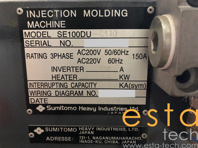 SUMITOMO SE100DU-C110 (YR 2008) Used All Electric Plastic Injection Moulding Machine