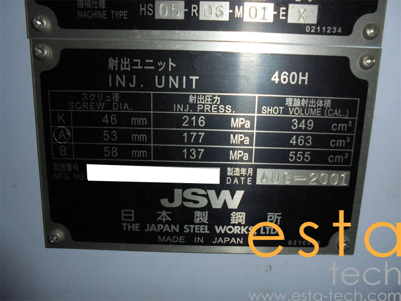 JSW J450ELIII-460HS (YR 2001) Used All Electric Plastic Injection Moulding Machine